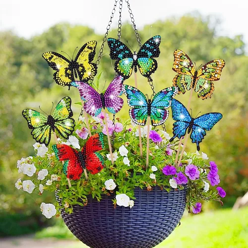 Vista 2 de Leinuosen Juego de 12 piezas de pintura de diamantes de mariposa para decoración de jardín, pintura de diamantes coloridos 5D, estacas de mariposa