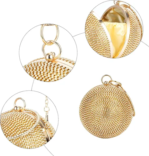 Vista 5 de Bolso de mano redondo de noche para mujer, bolso de mano con diamantes, para fiesta, boda, con cadena