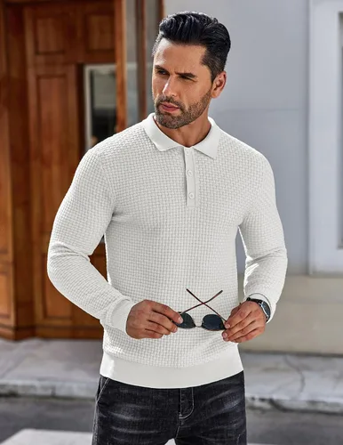 Vista 5 de COOFANDY Polo de punto para hombre, de manga larga, ligero, a la moda, informal, con cuello