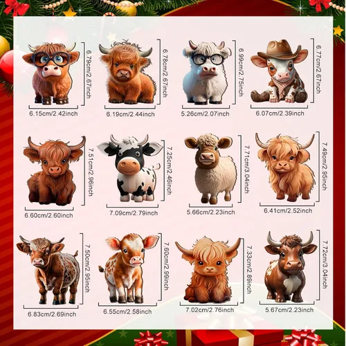 Vista 3 de Wenqik 36 piezas de decoración de madera de vaca de las tierras altas del oeste, juego de adornos de Navidad con bonitos recortes de ganado