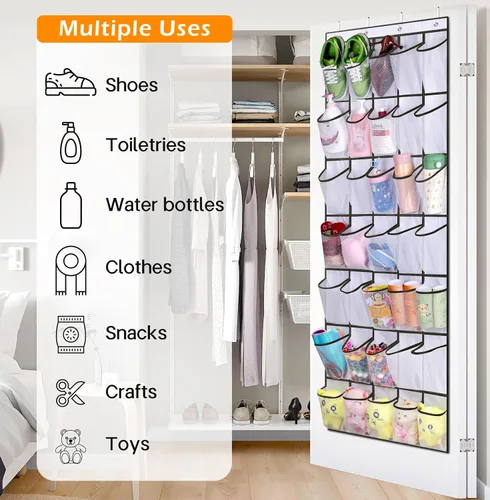 Vista 8 de MISSLO Organizador de zapatos con 35 bolsillos grandes para colocar sobre la puerta + 24 bolsillos grandes de malla, color blanco