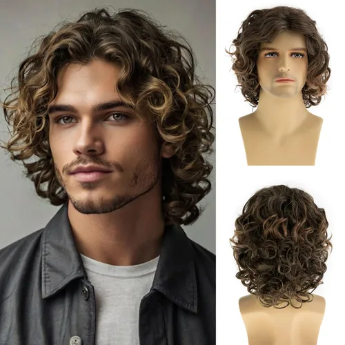 Vista 7 de Pelucas cortas onduladas marrones para hombres, sintéticas, resistentes al calor, esponjosas, para Halloween, cosplay, peluca Marrón claro