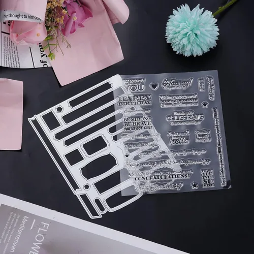Vista 3 de Sucrain 2 troqueles de metal troquelados y sellos de silicona transparente, para hacer tarjetas, papel, manualidades, álbumes de recortes
