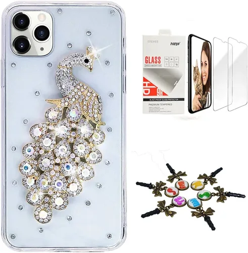 Vista 11 de Sparkle - Carcasa para iPhone 12 (2 unidades), diseño de hojas de leopardo y brillantes, color champán