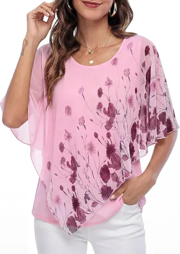 Vista 6 de Lotusmile Blusas elegantes de gasa tipo poncho para mujer 25 impresiones punto negro