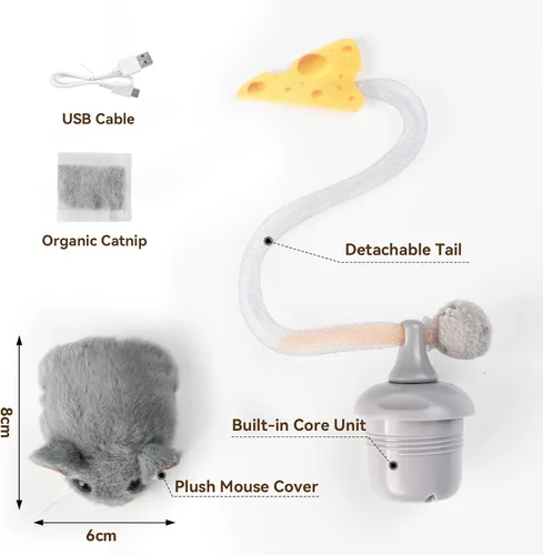 Vista 7 de Migipaws MigiMouse - Juguete interactivo para gatos con rodamiento y giro de 360° con cola de plástico de malla para gatos de interior, sensor