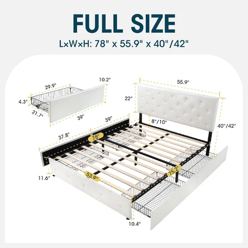 Vista 2 de WEEWAY Base de cama de plataforma de tamaño matrimonial con 4 cajones de almacenamiento, cabecera capitonada con botones de costura de diamante