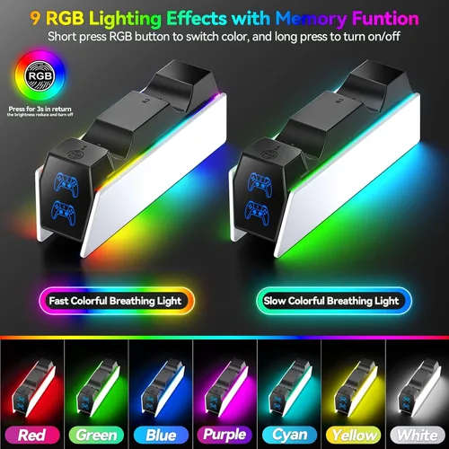 Vista 3 de PS5 Controller Charger Station Compatible with Playstation 5 Skin Edge & Dual Controller, 9 RGB LED Light PS5 Accessories Charging Station, PS5