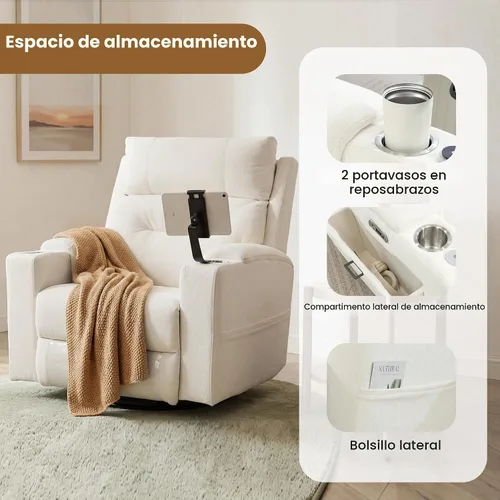 Vista 4 de Sillón reclinable giratorio eléctrico con reposacabezas y lumbar ajustables Blanco