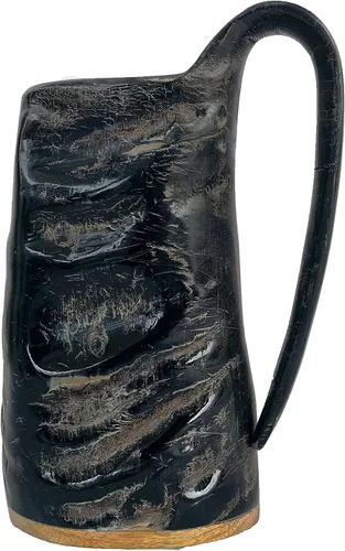 Vista 8 de Juego de 2 tazas de cuerno vikingo, 100% auténtica jarra medieval de cuerno de cerveza con superficie de madera, taza de cuerno vikingos de 16