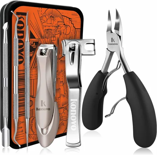 Vista 8 de Konovo - Juego de 5 piezas de cortaúñas, juego de manicura de acero inoxidable, kit de aseo de uñas de viaje para hombres y mujeres, cortaúñas