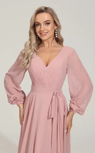 Vista 3 de kidadndy Women's Long Sleeve Bridesmaid Dresses Chiffon Prom Dress Faux-Wrap A Line Formal Evening Dress for Women,R16