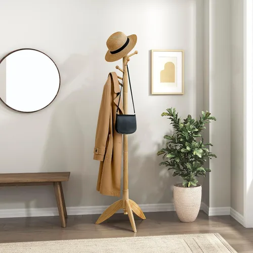 Vista 10 de Lexicon Perchero resistente de madera maciza con 9 ganchos para colgar para sombreros, bufandas, bolsos, perchero de madera de 3 niveles para árbol