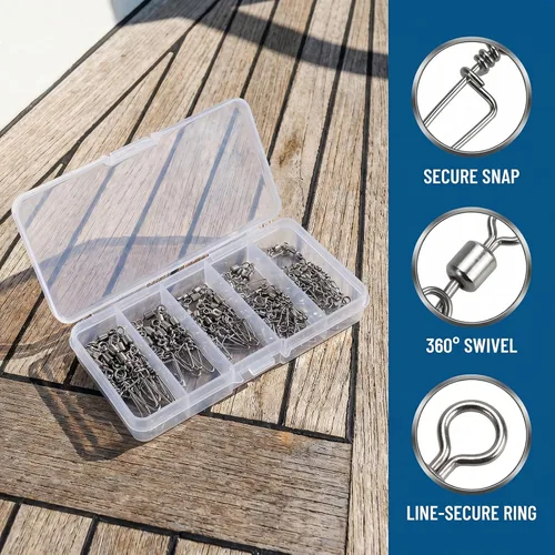 Vista 5 de 110 piezas de acero inoxidable barril giratorio accesorios de pesca, equipo de pesca premium con rodamiento de bolas, conector giratorio de broches
