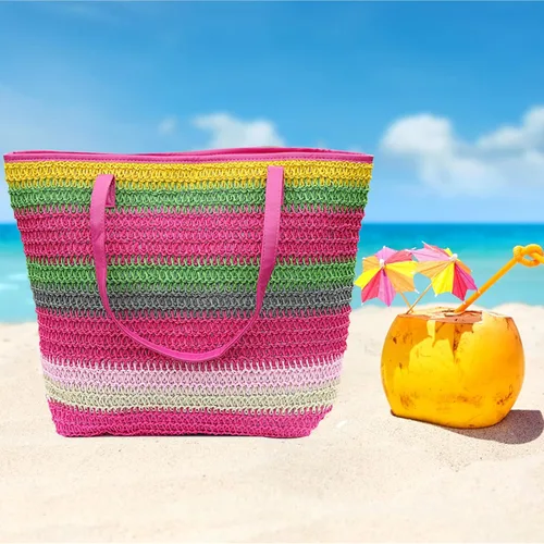 Vista 44 de Bolso grande de paja para mujer, tejido de ratán, bolso de playa de verano, a rayas