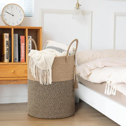 Vista 6 de Goodpick - Cesta tejida de yute para mantas decorativa, cesta de almacenamiento para toallas, zapatos, juguetes, cesta de lavandería alta para sala