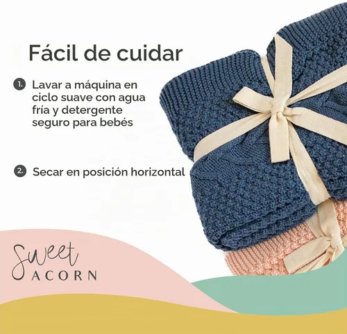 Vista 6 de Manta de bebé tejida Sweet Acorn en patrón de cable, mantas de algodón orgánico para cuna o cochecito, mantas de recepción - Azul Bahía