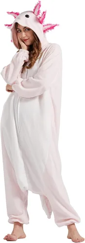 Vista 3 de DELEY Unisex Axolotl Onesie Adult Halloween Costume Anime Axolotl Cosplay Pajamas Warm Sleepwear Homewear