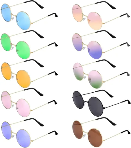 Vista 13 de ONESING 8-20 pares de gafas de sol redondas hippie círculo para mujer, gafas de sol hippie multicolor diadema discoteca fiesta Color A-8 piezas