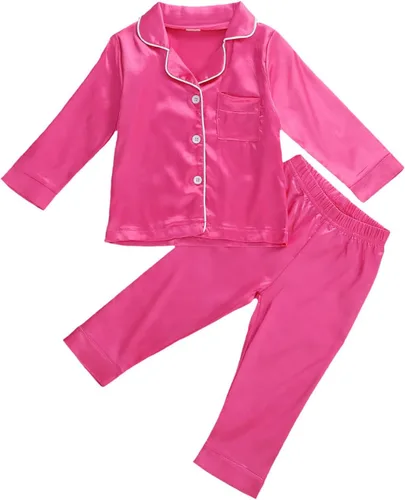 Vista 27 de Conjunto de pijama de satén para niños, niña y niño, con botones, camiseta para dormir+pantalones largos, ropa para dormir y de estar en casa W Rosa