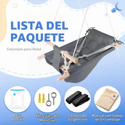 Vista 4 de Columpio para bebé interior y exterior, hamaca de lona para bebé a niño pequeño con asiento cómodo, juguete de madera Macaroon, arnés ajustable de 5