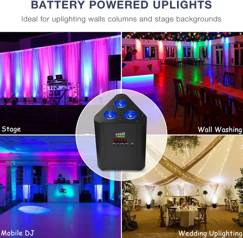 Vista 5 de Luces Par de escenarios alimentadas por batería, LED 4 en 1 RGBW a todo color, 6 horas de funcionamiento en todo color, control remoto y DMX; luces
