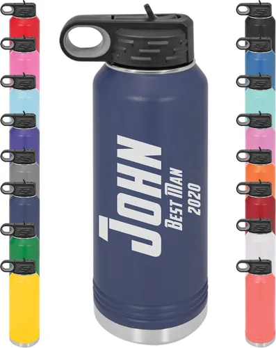 Vista 4 de Botella de agua personalizada con recubrimiento en polvo de 32 onzas, de acero inoxidable con doble pared aislada al vacío, grabado personalizado