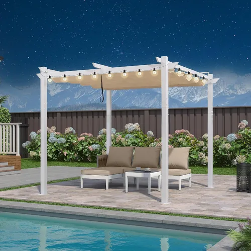 Vista 34 de PURPLE LEAF Pergola retráctil de 10 x 10 pies, pérgola blanca, toldo extra, azul marino
