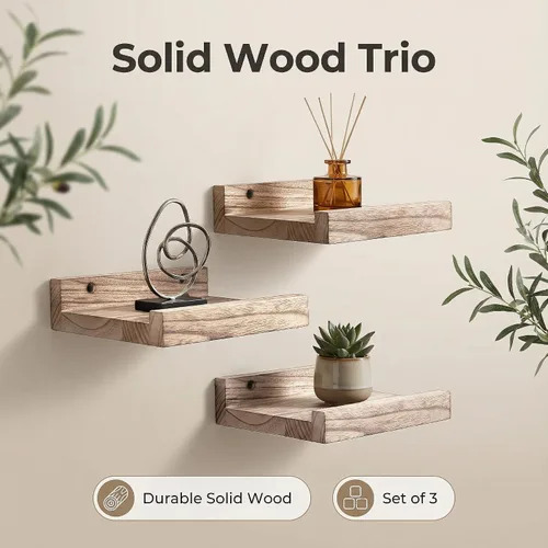Vista 4 de Z metnal Mini estantes flotantes, pequeño estante de pared de madera natural para repisa de fotos, Pawlownia, montado en la pared, marrón claro, 6 x