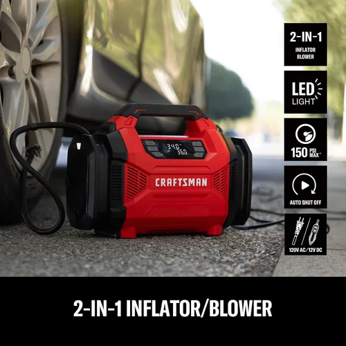 Vista 2 de CRAFTSMAN Inflador de neumáticos de doble potencia con indicador digital y apagado automático 12V DC Car Plug and 120V AC Home Use with Up to 150