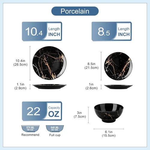 Vista 2 de Juegos de platos y tazones LOVECASA para 4, juegos de vajilla de porcelana de 12 piezas, juego de vajilla negro y dorado, juego de vajilla