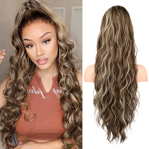 Vista 12 de FLUFYMOOZ Extensión de cola de caballo de 22 pulgadas, extensiones de cabello sintético ondulado largo y rizado para mujer