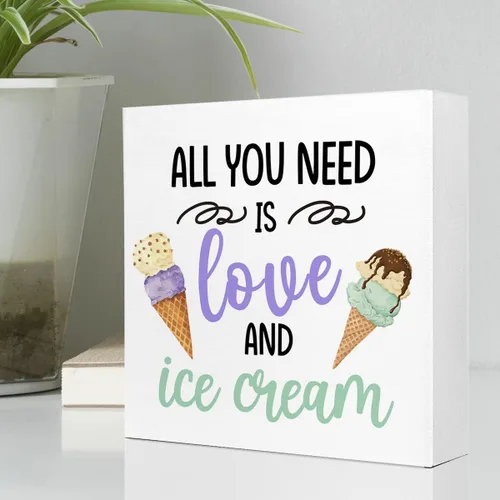 Vista 3 de Letrero inspirador de madera con texto en inglés «All You Need is Love and Helado», decoración rústica de bloque de madera de helado de verano
