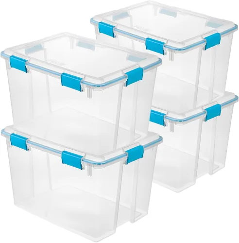Vista 15 de Sterilite 19414306 - Caja de almacenamiento de plástico transparente de 7.5 cuartos y tapa con pestillos azules