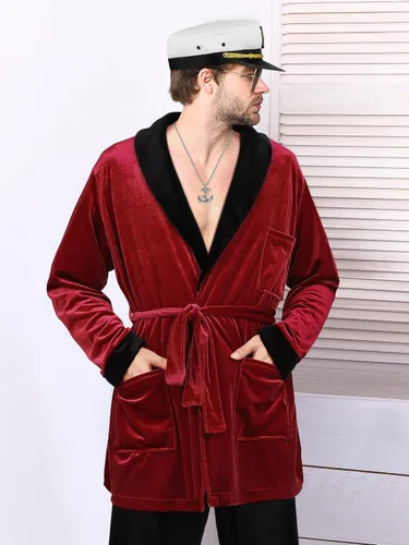 Vista 7 de SOMSOC El juego de disfraz de Halloween para hombre incluye chaqueta de seda roja, pantalones negros, sombrero de capitán, tubo, lentes de sol