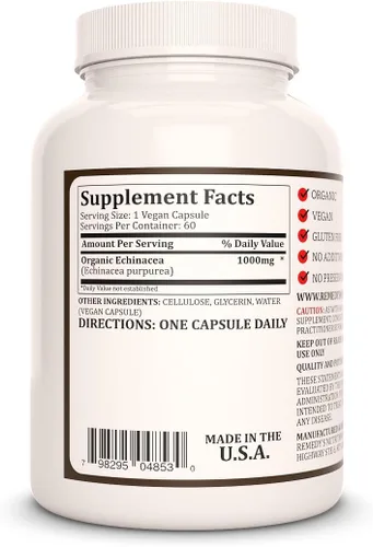 Vista 2 de Remedy's nutrition Echinacea 1,000 mg, 60 cápsulas veganas Suplemento dietético a base de hierbas Suministro para dos meses