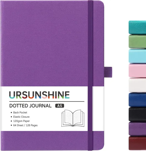 Vista 9 de Cuaderno punteado, diario, 5.3 x 8.26 pulgadas, tapa dura, prémium, papel grueso, doble espiral, bandas, cuero negro sintético, lazo para bolígrafo