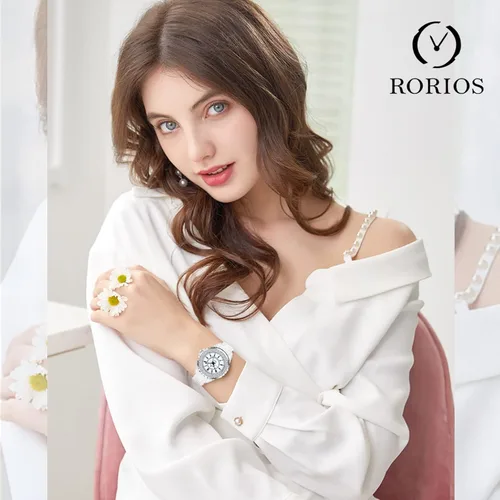 Vista 2 de RORIOS Relojes de diamantes para mujer, con correa de cerámica, analógico de cuarzo, impermeables, para mujeres y niñas