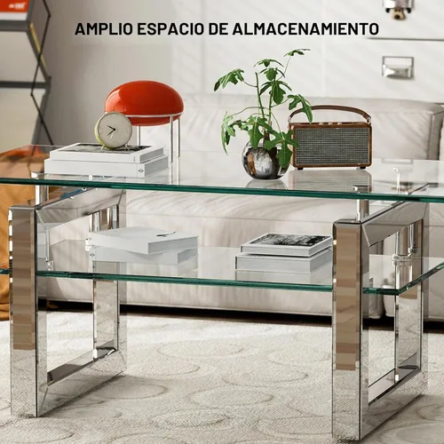 Vista 14 de IKIFLY Mesa de centro de cristal con tablas de vidrio de 2 niveles y patas de metal resistentes, mesa auxiliar rectangular de vidrio transparente