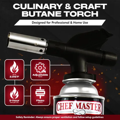 Vista 2 de Combo de Encendedor de Antorcha de Butano con 4 x 8 oz. de Combustible de Butano de Chef Master, Antorcha de Cocina Recargable para Brulee, Postres