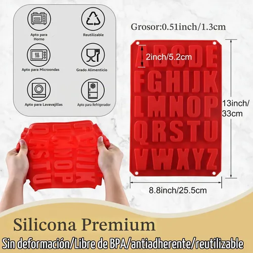 Vista 2 de 2 moldes de silicona para tartas de letras, sin BPA, molde antiadherente para chocolate, suave y fácil de liberar, decoración de moldes rojos