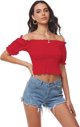 Vista 4 de LYANER Blusa corta de manga corta fruncida con hombros descubiertos para mujer