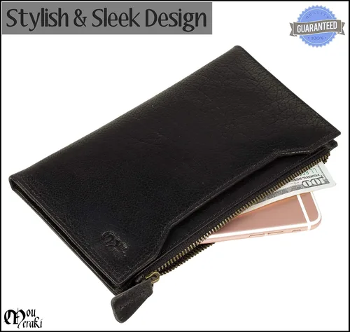 Vista 3 de Mou Meraki - Cartera larga de piel auténtica con bloqueo RFID, plegable vintage para hombres