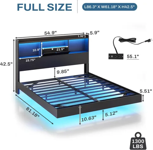 Vista 2 de DICTAC Base de cama flotante matrimonial con luces LED y cabecera de almacenamiento, cama flotante visual con estación de carga, cama de plataforma