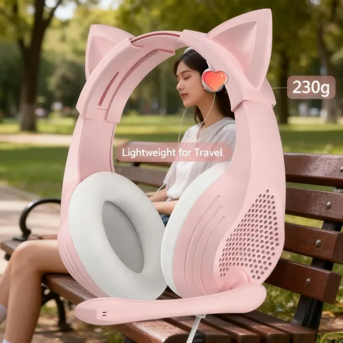 Vista 4 de GIME Pink Gaming Headset - Cute Cat Ears Wired Over Ear Headphones with Mic - Compatible with Xbox/PS4/ PS5/ PC Computer/Laptop/Phone