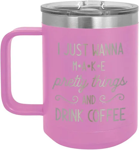 Vista 8 de Taza de café negra con tapa deslizante para hacer cosas bonitas y bebidas, 15 onzas, taza de café con aislamiento de viaje, ideas de regalo
