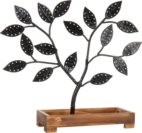 Vista 2 de MyGift Organizador de almacenamiento de aretes, árbol de joyería de metal negro mate, collar y colgante de pulsera con bandeja de anillos de madera