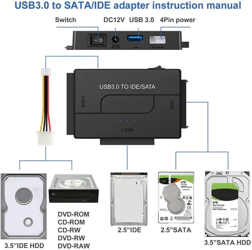 Vista 3 de RUNAAJA Ultra Recovery - Juego de adaptadores de disco duro USB 3.0 a IDE/SATA para discos duros de 2.5" y 3.5" HDD, SSD, DVD, lector universal