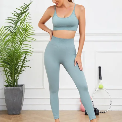 Vista 3 de Conjuntos de entrenamiento para mujer, 3 piezas, sin costuras, acanalados, sin mangas, cintura alta, pantalones cortos de yoga