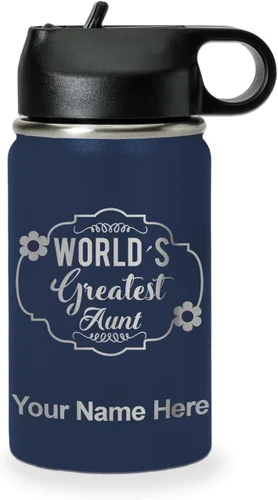 Vista 17 de LaserGram Botella de agua con tapa abatible de doble pared de 12 onzas con pajilla, la tía más grande del mundo, grabado personalizado incluido Negro